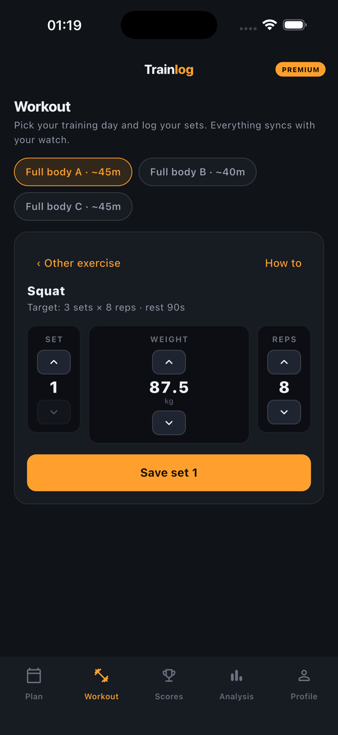 Logging a squat: set 1, 87.5 kg, 8 reps, with a large orange Save set 1 button.