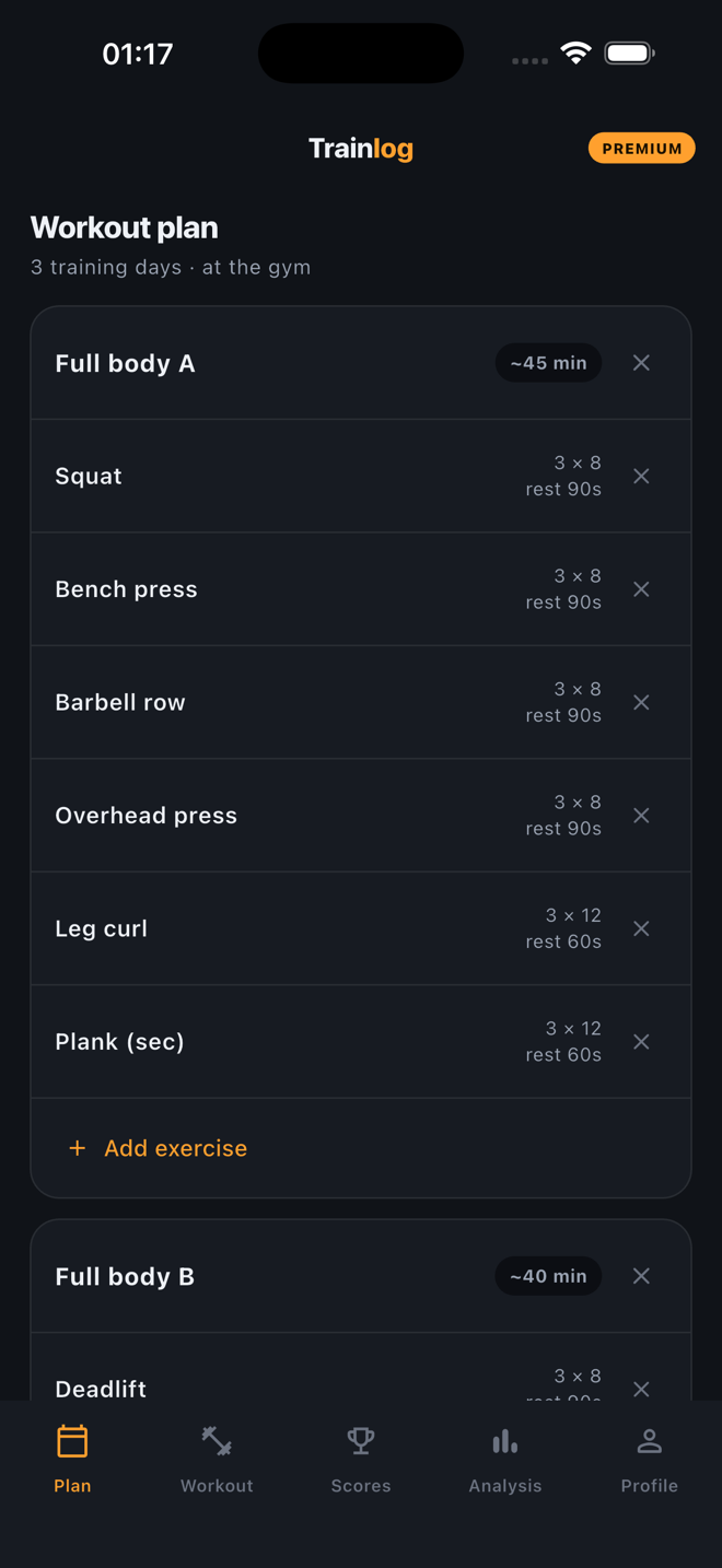 A three-day workout plan: Full body A, B and C, each exercise showing sets, reps and rest.