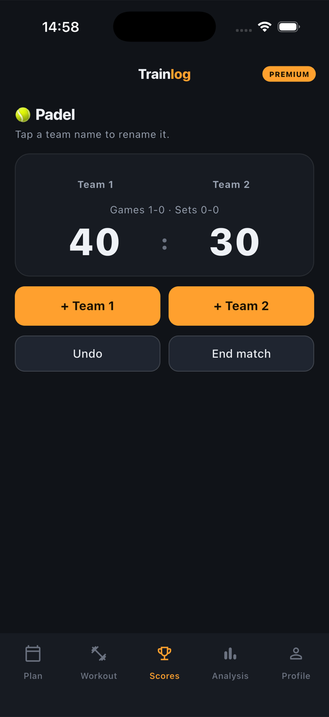 A padel match in progress: games 1-0, sets 0-0, Team 1 on 40 and Team 2 on 30, with a large button per team.