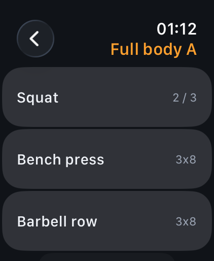 The watch showing the exercises for the chosen day.