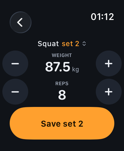 The watch set logger: squat, set 2, 87.5 kg, 8 reps, with a Save set 2 button.