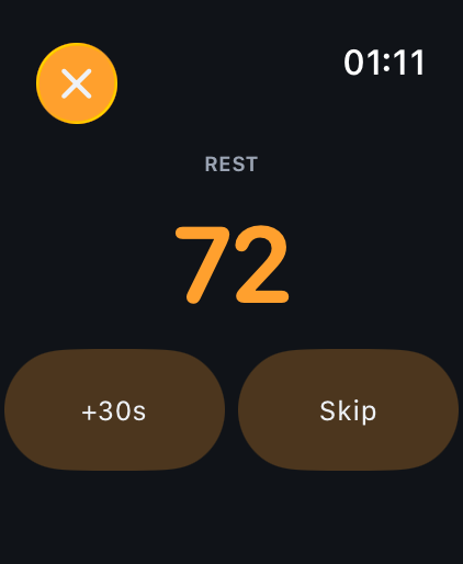 The watch counting down the rest between sets.